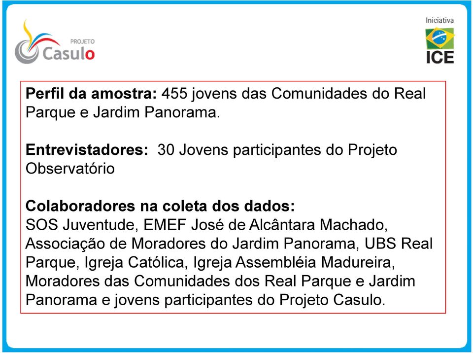 Juventude, EMEF José de Alcântara Machado, Associação de Moradores do Jardim Panorama, UBS Real Parque,