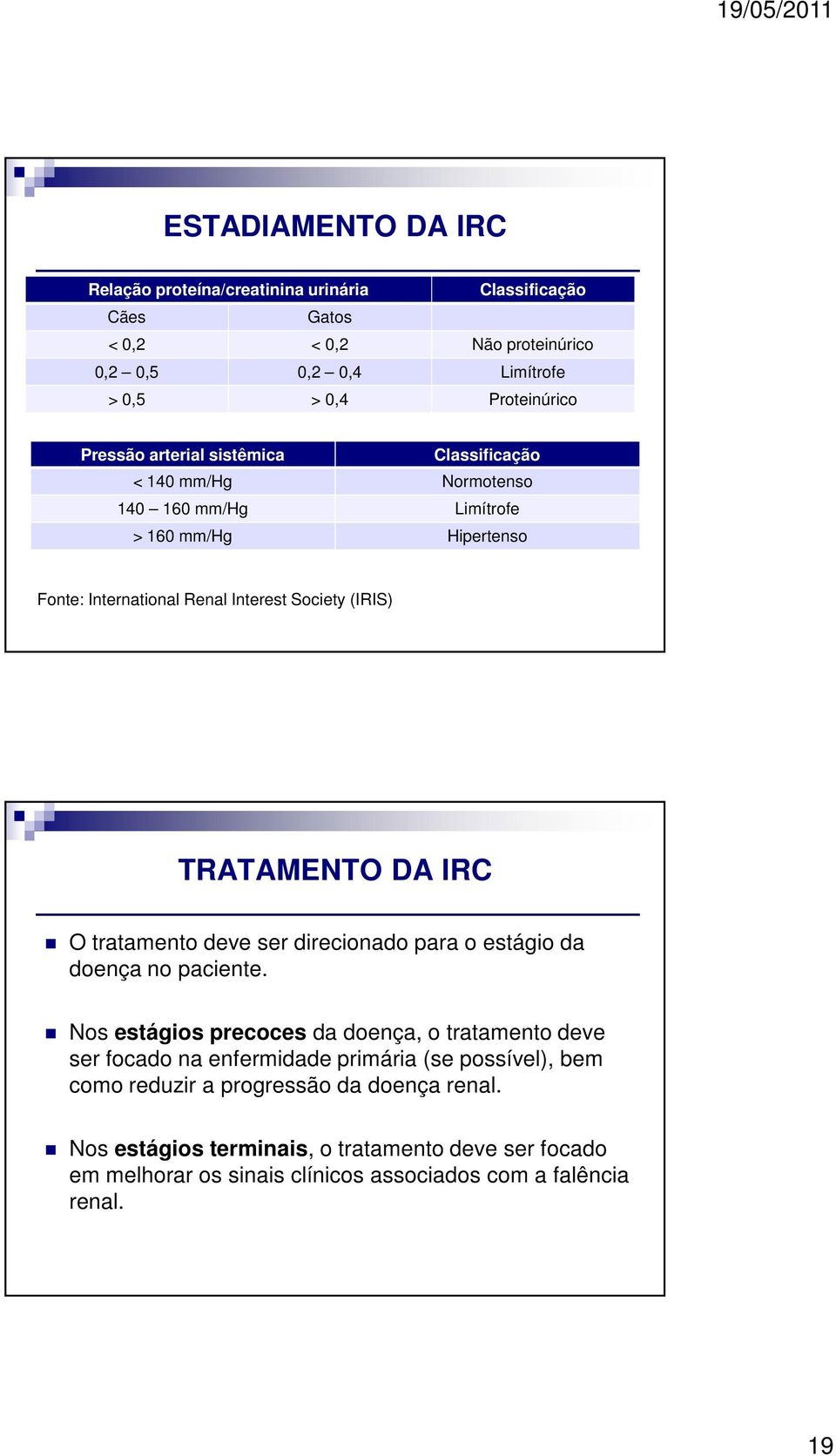 IRC O tratamento deve ser direcionado para o estágio da doença no paciente.