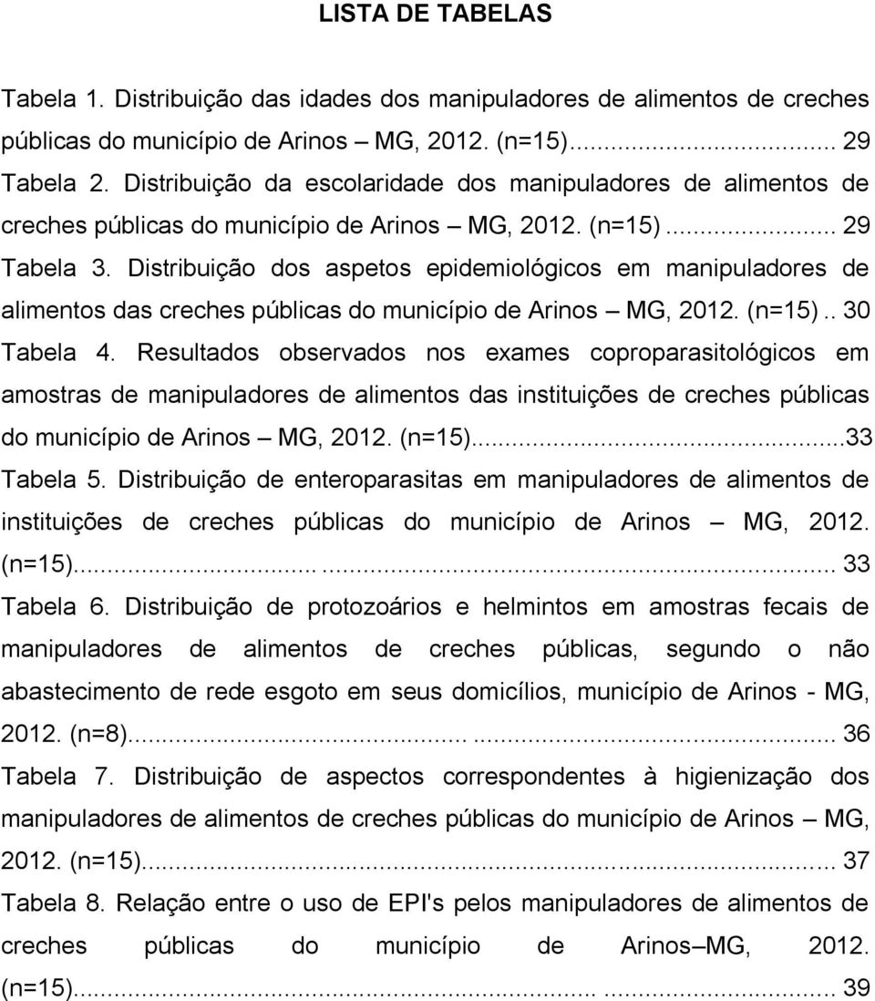 Distribuição dos aspetos epidemiológicos em manipuladores de alimentos das creches públicas do município de Arinos MG, 2012. (n=15).. 30 Tabela 4.