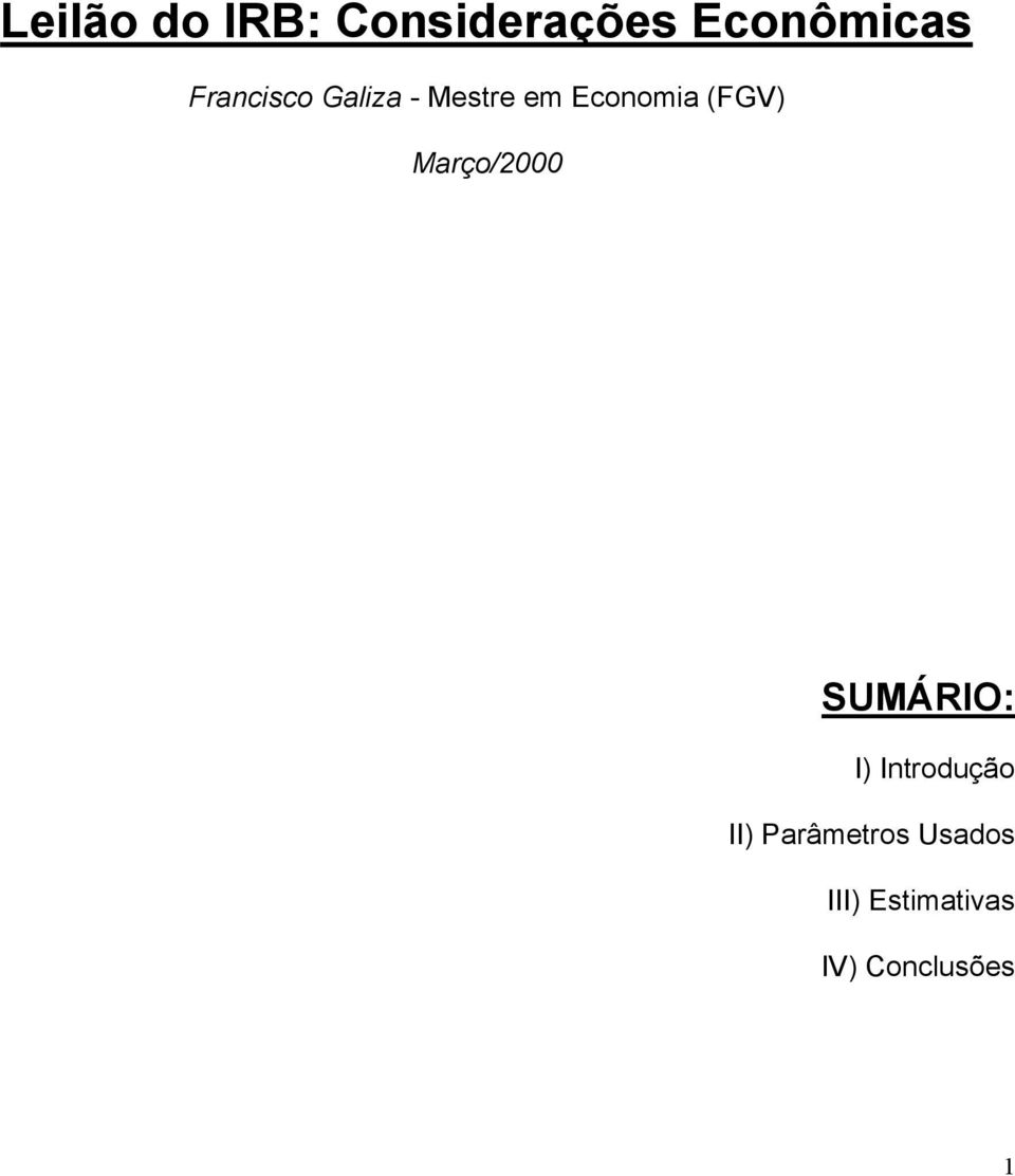 Março/2000 SUMÁRIO: I) Introdução II)