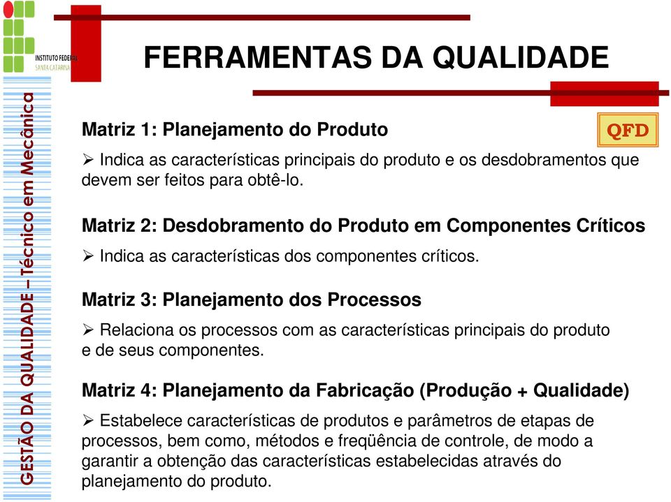 Matriz 3: Planejamento dos Processos Relaciona os processos com as características principais do produto e de seus componentes.