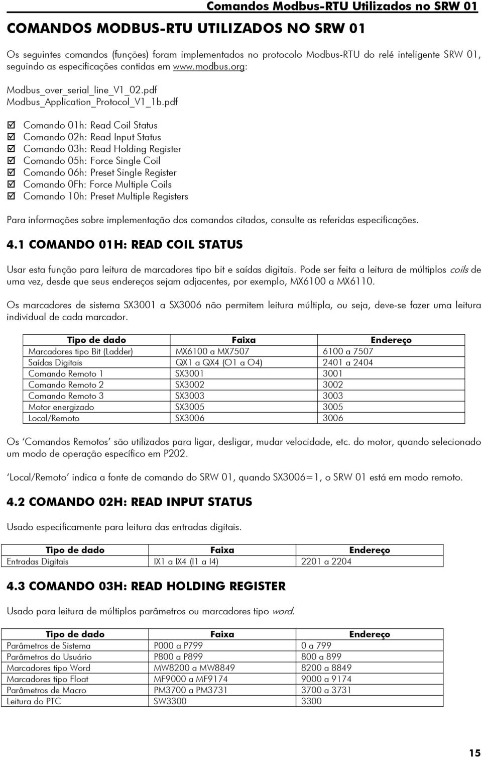 pdf Comando 01h: Read Coil Status Comando 02h: Read Input Status Comando 03h: Read Holding Register Comando 05h: Force Single Coil Comando 06h: Preset Single Register Comando 0Fh: Force Multiple