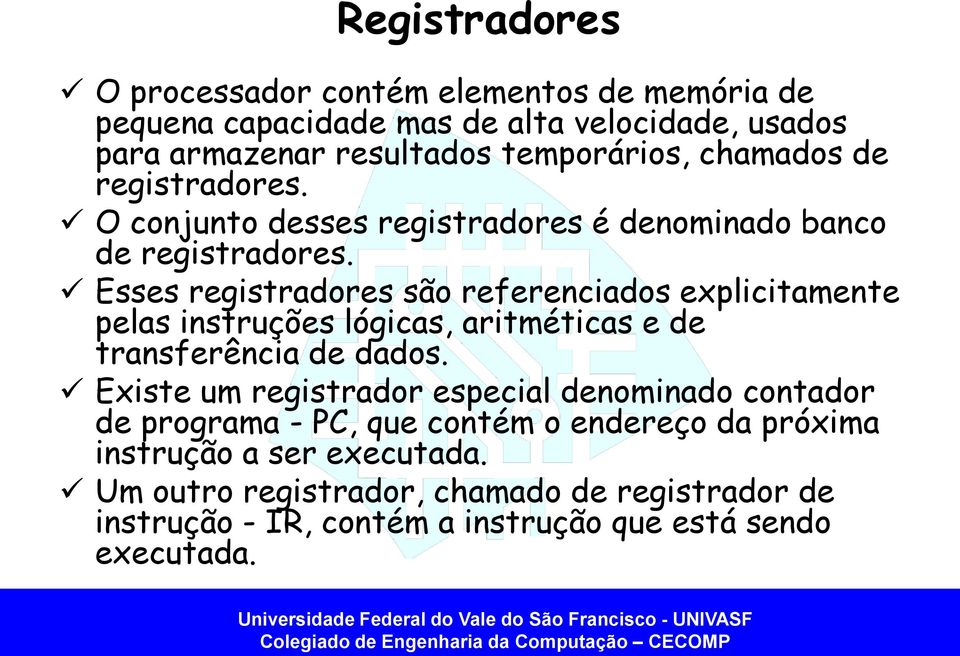 Esses registradores são referenciados explicitamente pelas instruções lógicas, aritméticas e de transferência de dados.