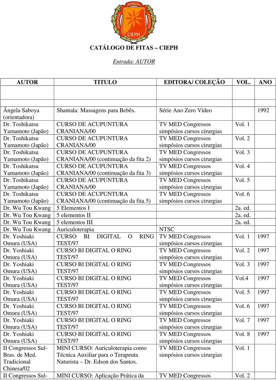 (continuação da fita 3) 5 Yamamoto (Japão) CRANIANA/00 6 Yamamoto (Japão) CRANIANA/00 (continuação da fita 5) Dr. Wu Tou Kwang 5 Elementos I 2a. ed. Dr. Wu Tou Kwang 5 elementos II 2a. ed. Dr. Wu Tou Kwang 5 elementos III 2a.