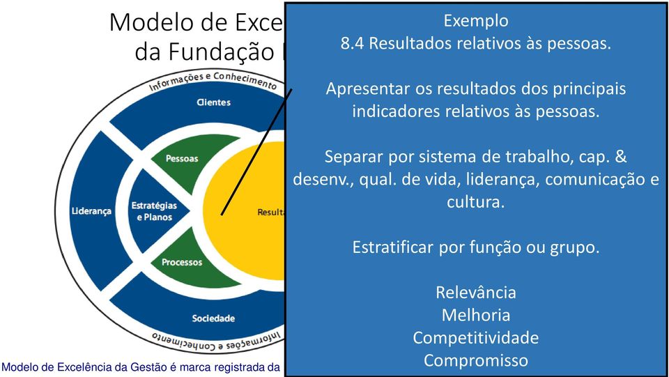 & desenv., qual. de vida, liderança, comunicação e cultura. Estratificar por função ou grupo.