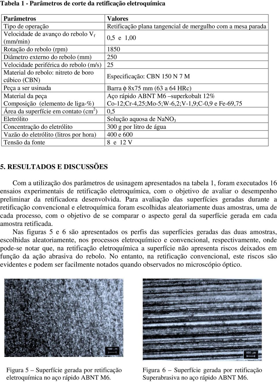 a ser usinada Barra φ 8x75 mm (63 a 64 HRc) Material da peça Aço rápido ABNT M6 superkobalt 12% Composição (elemento de liga-%) Co-12;Cr-4,25;Mo-5;W-6,2;V-1,9;C-0,9 e Fe-69,75 Área da superfície em