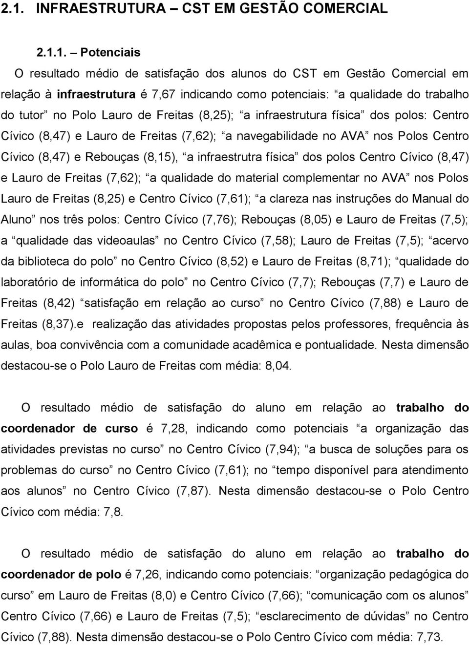 (8,47) e Rebouças (8,15), a infraestrutra física dos polos Centro Cívico (8,47) e Lauro de Freitas (7,62); a qualidade do material complementar no AVA nos Polos Lauro de Freitas (8,25) e Centro