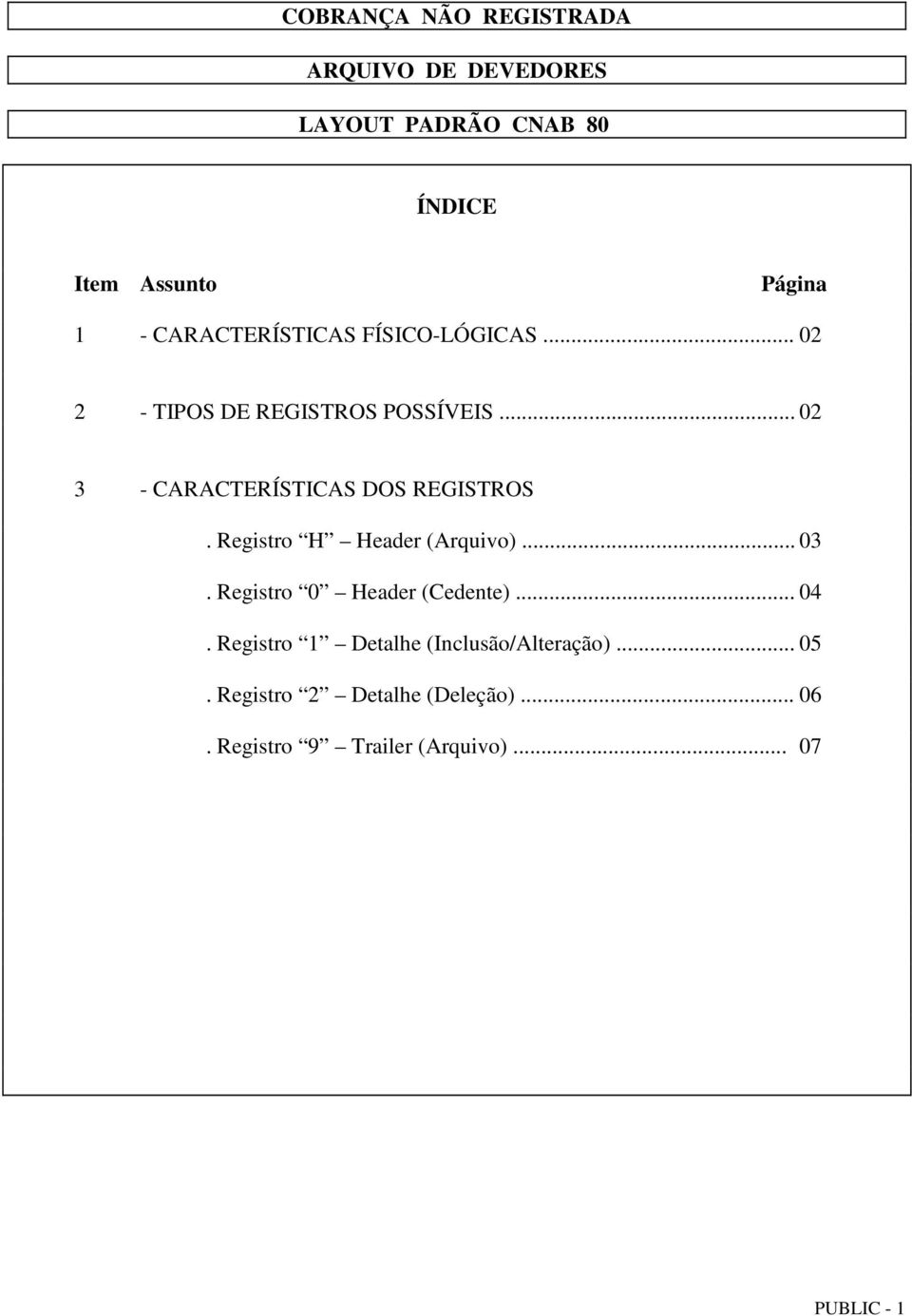 Registro H Header (Arquivo)... 03. Registro 0 Header (Cedente)... 04.