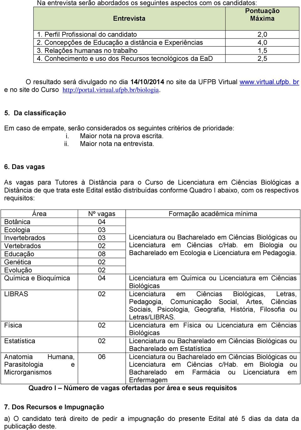 br e no site do Curso http://portal.virtual.ufpb.br/biologia. 5. Da classificação Em caso de empate, serão considerados os seguintes critérios de prioridade: i. Maior nota na prova escrita. ii.