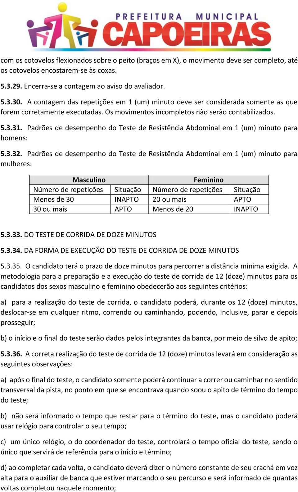 Padrões de desempenho do Teste de Resistência Abdominal em 1 (um) minuto para homens: 5.3.32.