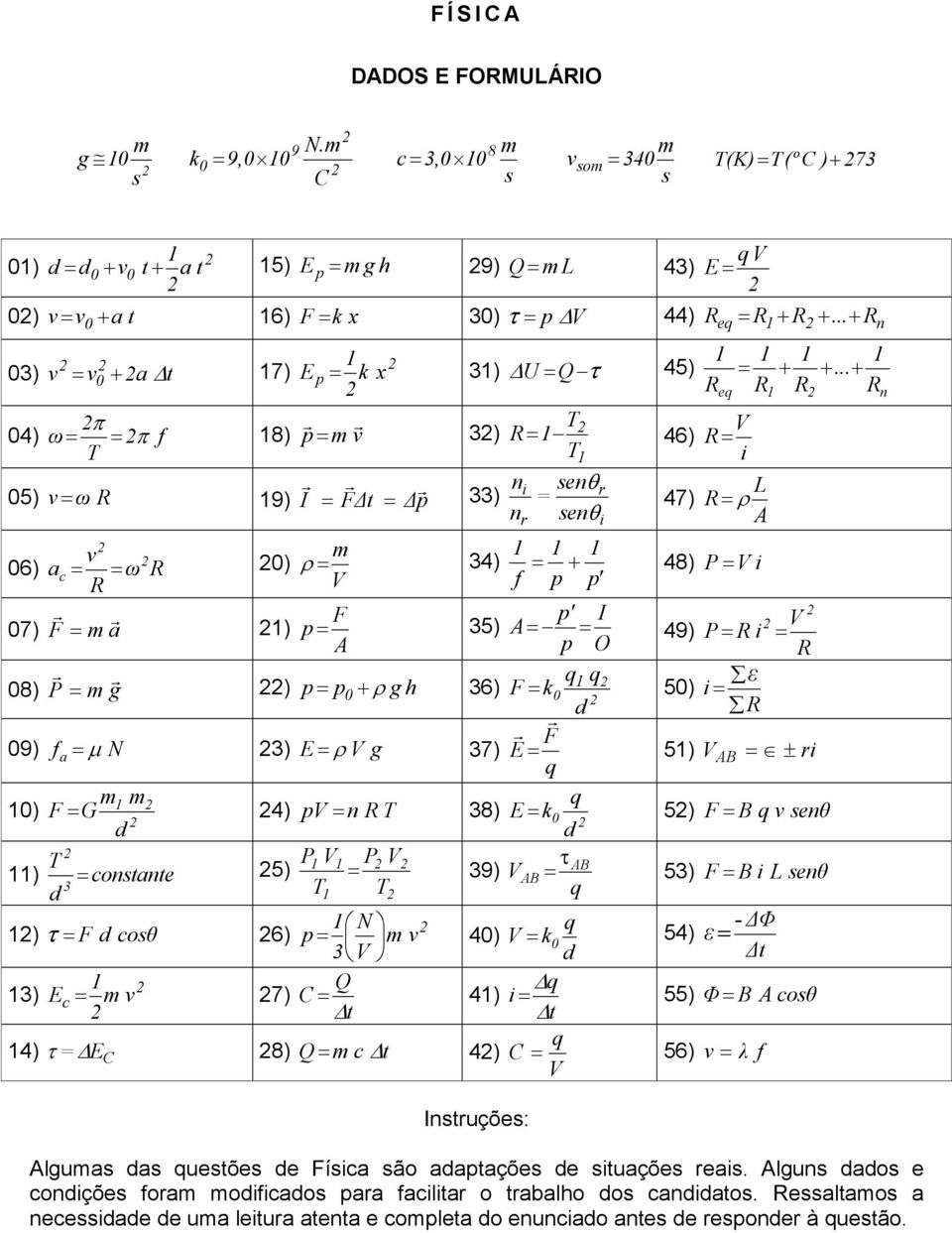 .. + Rn 1 1 1 03) v = v0 + a t 17) E p = k x 31) U =Q τ 45) = + Req R1 π r r T 04) ω = = π f 18) p = m v V 3) R = 1 46) R = T T1 i r r r ni senθr L 05) v = ω R 19) I = F t = p 33) = 47) R = ρ n senθ