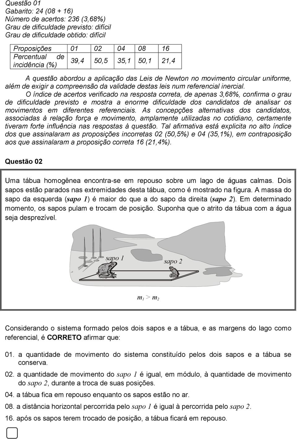 O índice de acertos verificado na resposta correta, de apenas 3,68%, confirma o grau de dificuldade previsto e mostra a enorme dificuldade dos candidatos de analisar os movimentos em diferentes