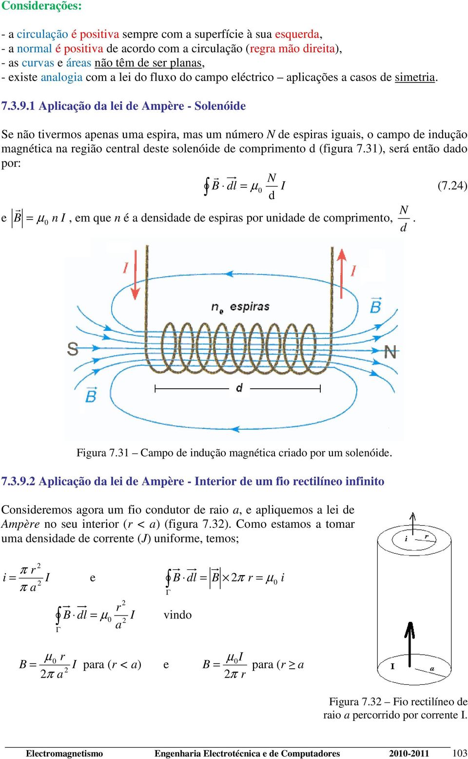 1 Aplicação da lei de Ampèe - Solenóide Se não tivemos apenas uma espia, mas um númeo N de espias iguais, o campo de indução magnética na egião cental deste solenóide de compimento d (figua 7.