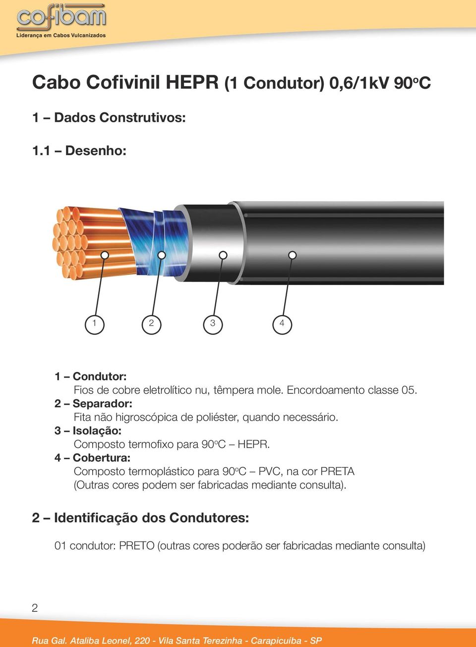 4 Cobertura: Composto termoplástico para 90 o C PVC, na cor PRETA (Outras cores podem ser fabricadas mediante consulta).