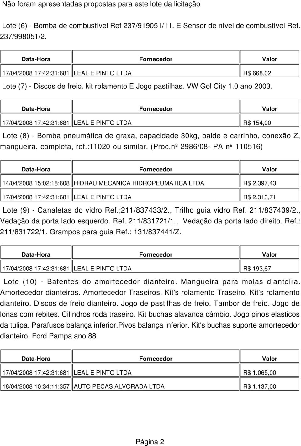 17/04/2008 17:42:31:681 LEAL E PINTO LTDA R$ 154,00 Lote (8) - Bomba pneumática de graxa, capacidade 30kg, balde e carrinho, conexão Z, mangueira, completa, ref.:11020 ou similar. (Proc.