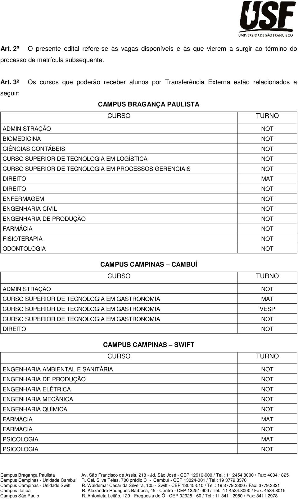 TECNOLOGIA EM LOGÍSTICA CURSO SUPERIOR DE TECNOLOGIA EM PROCESSOS GERENCIAIS DIREITO DIREITO ENFERMAGEM ENGENHARIA CIVIL ENGENHARIA DE PRODUÇÃO FARMÁCIA FISIOTERAPIA ODONTOLOGIA CAMPUS CAMPINAS