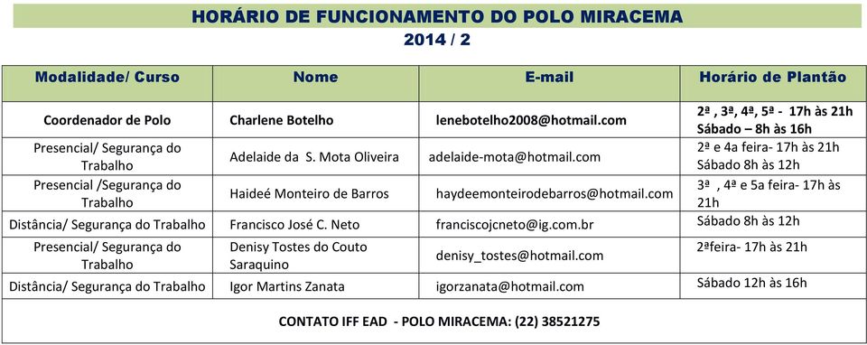 com Trabalho Sábado 8h às 12h Presencial /Segurança do 3ª, 4ª e 5a feira- 17h às Haideé Monteiro de Barros haydeemonteirodebarros@hotmail.