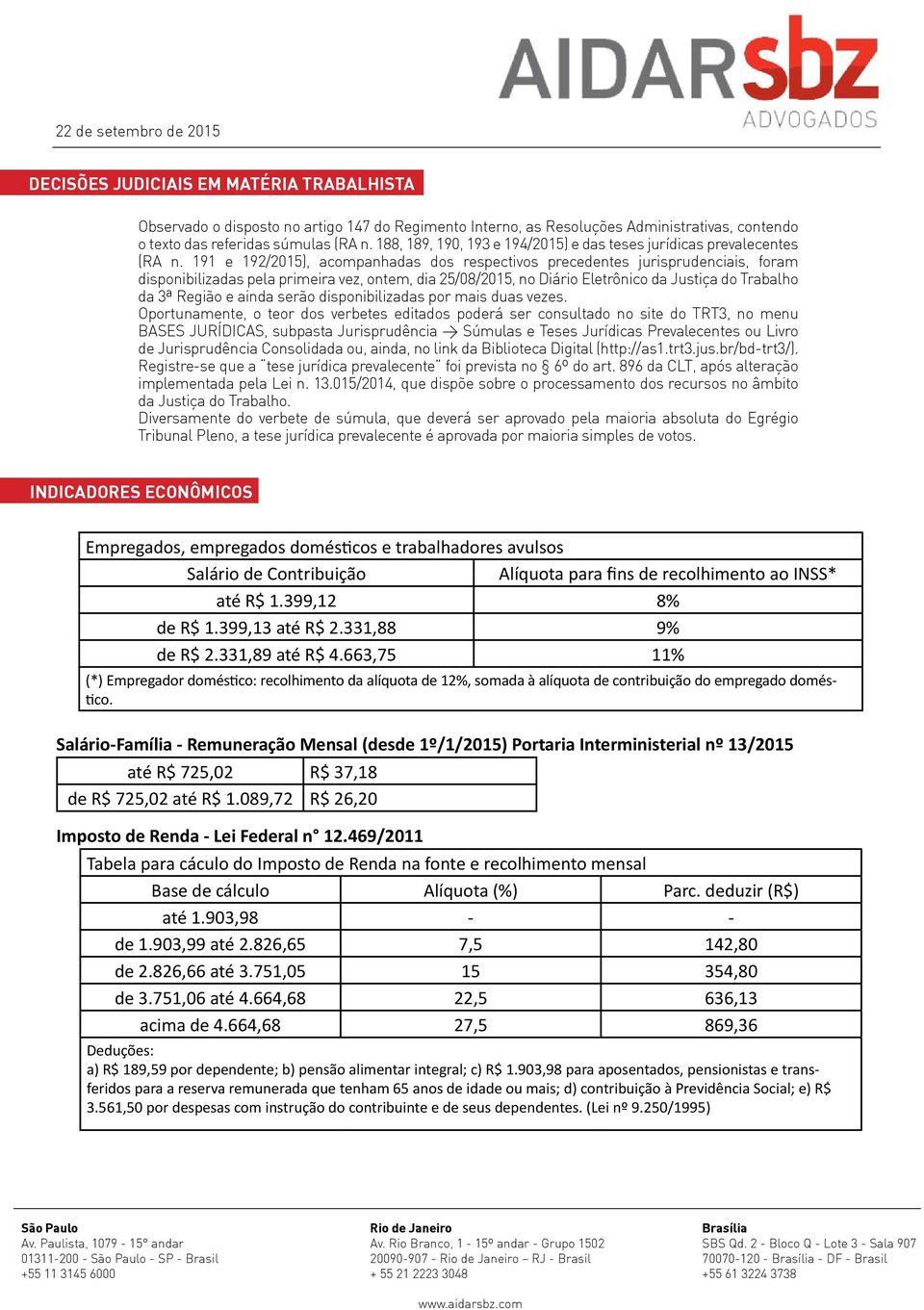 191 e 192/2015), acompanhadas dos respectivos precedentes jurisprudenciais, foram disponibilizadas pela primeira vez, ontem, dia 25/08/2015, no Diário Eletrônico da Justiça do Trabalho da 3ª Região e