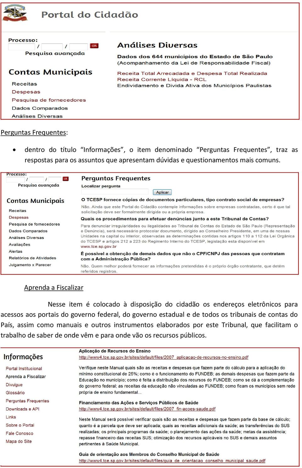 Aprenda a Fiscalizar Nesse item é colocado à disposição do cidadão os endereços eletrônicos para acessos aos portais do governo