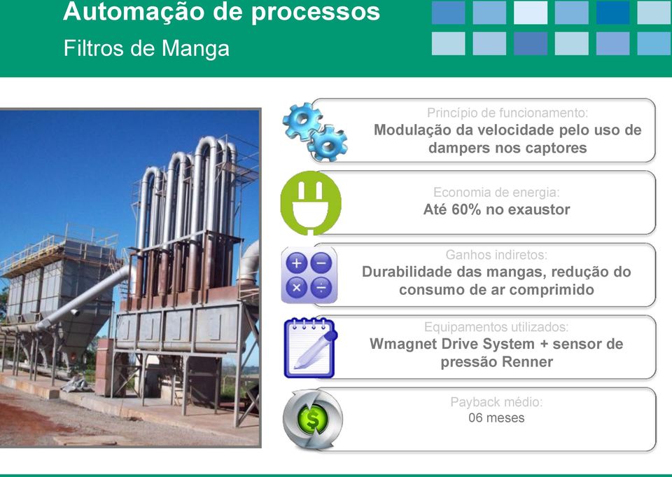 Ganhos indiretos: Durabilidade das mangas, redução do consumo de ar comprimido