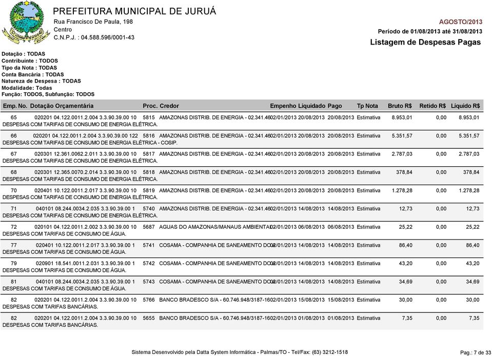 351,57 DESPESAS COM TARIFAS DE CONSUMO DE ENERGIA ELÉTRICA - COSIP. 67 020301 12.361.0062.2.011 3.3.90.39.00 10 5817 AMAZONAS DISTRIB. DE ENERGIA - 02.341.