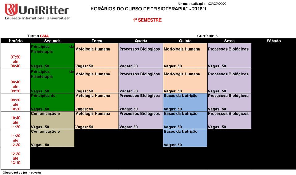 50 : 50 : 50 d Mofologia Humana Procssos Biológicos Bass da Nutrição Procssos Biológicos 09:30 10:20 : 50 : 50 : 50 : 50 : 50 Comunicação Mofologia Humana Procssos Biológicos Bass da Nutrição