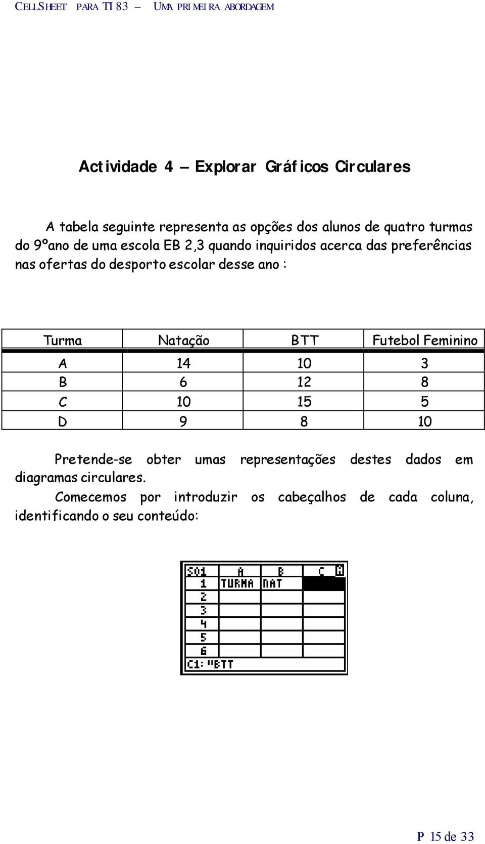 Natação BTT Futebol Feminino A 14 10 3 B 6 12 8 C 10 15 5 D 9 8 10 Pretende-se obter umas representações destes dados