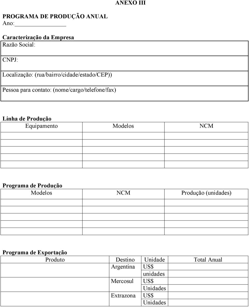 Linha de Produção Equipamento Modelos NCM Programa de Produção Modelos NCM Produção