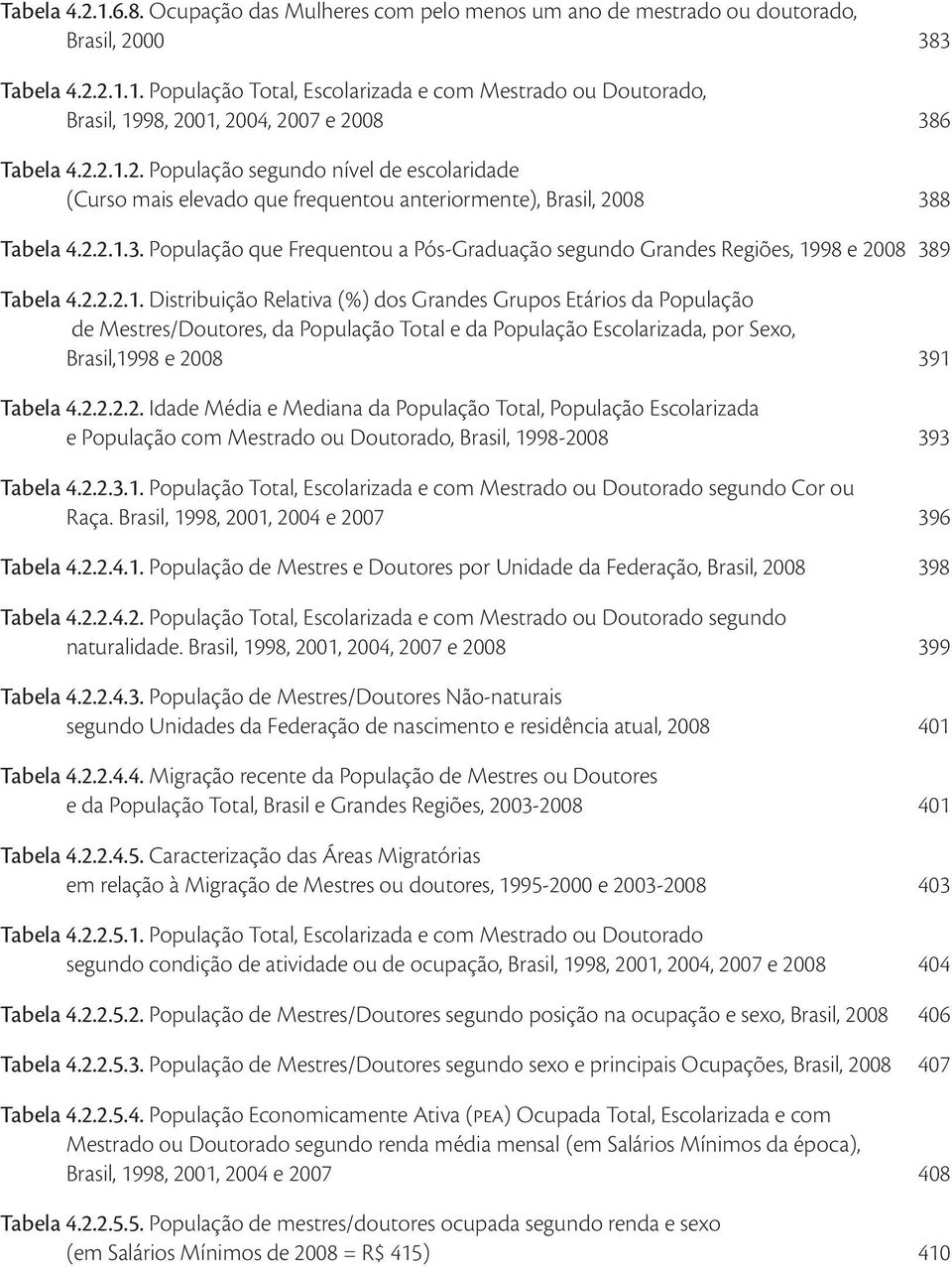 8 Tabela 4.2.2.1.3. População que Frequentou a Pós-Graduação segundo Grandes Regiões, 1998 e 2008 389 Tabela 4.2.2.2.1. Distribuição Relativa (%) dos Grandes Grupos Etários da População de Mestres/Doutores, da População Total e da População Escolarizada, por Sexo, Brasil,1998 e 2008 391 Tabela 4.