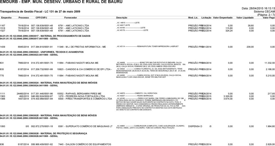 639/0001-48 6791 - AMC LATICINIO LTDA, AC 45169 ---------------------------LEITE PREGÃO PRE052/2014 115,80 0,00 0,00 1527 7918/2014 007.136.