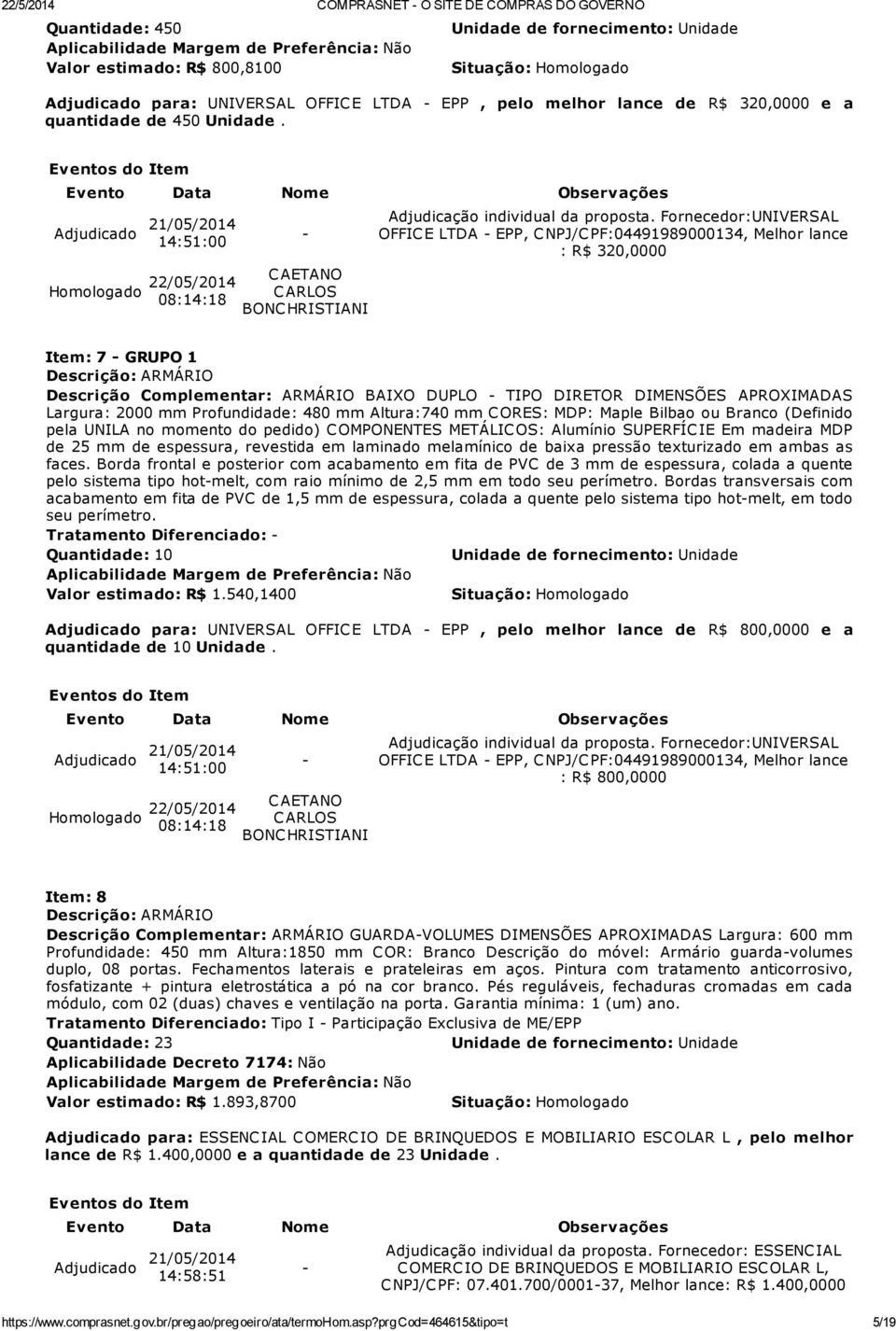 OFFIC E LTDA EPP, C NPJ/C PF:04491989000134, Melhor lance : R$ 320,0000 Item: 7 GRUPO 1 Descrição: ARMÁRIO Descrição Complementar: ARMÁRIO BAIXO DUPLO TIPO DIRETOR DIMENSÕES APROXIMADAS Largura: 2000