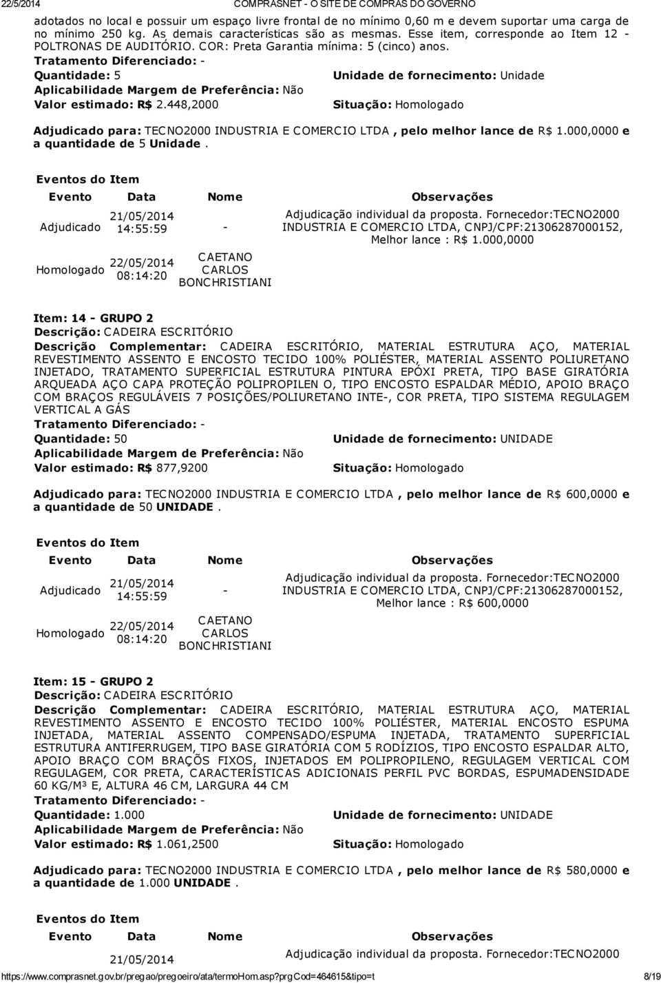 448,2000 Adjudicado para: TECNO2000 INDUSTRIA E COMERCIO LTDA, pelo melhor lance de R$ 1.000,0000 e a quantidade de 5 Unidade. Adjudicado 21/05/2014 14:55:59 Melhor lance : R$ 1.