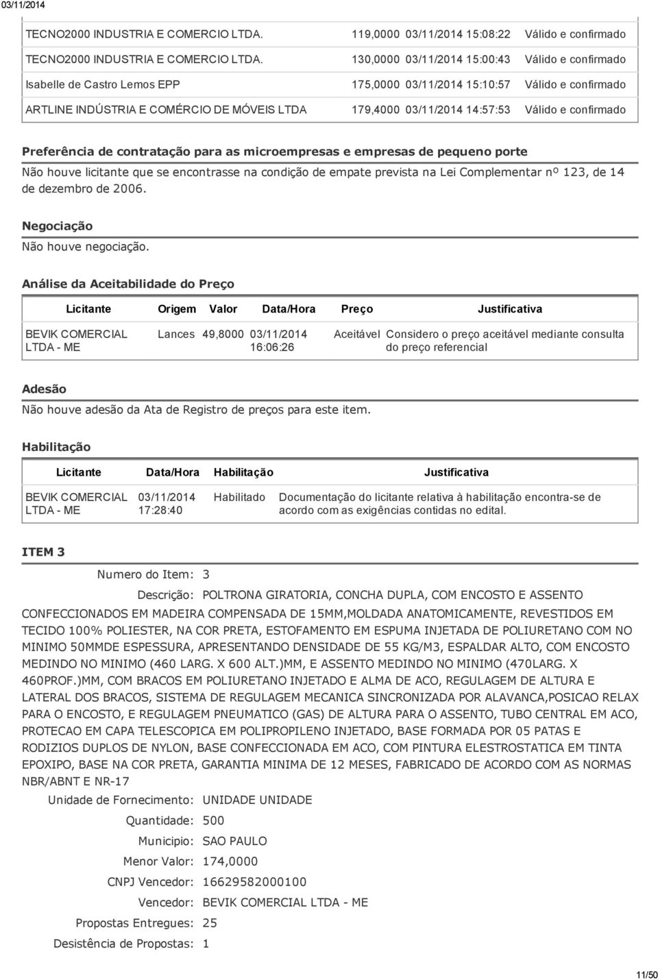 porte Não houve licitante que se encontrasse na condição de empate prevista na Lei Complementar nº 123, de 14 de dezembro de 2006. Negociação Não houve negociação.