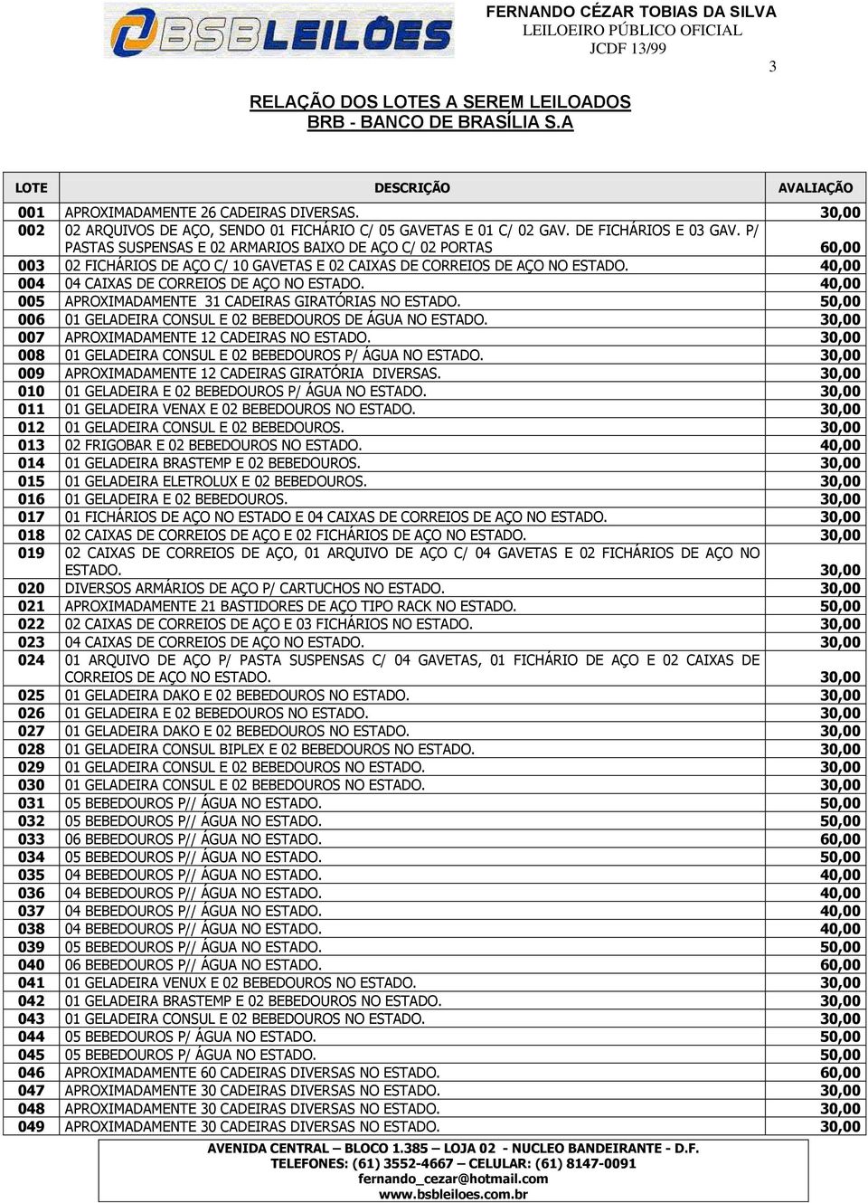 P/ PASTAS SUSPENSAS E 02 ARMARIOS BAIXO DE AÇO C/ 02 PORTAS 60,00 003 02 FICHÁRIOS DE AÇO C/ 10 GAVETAS E 02 CAIXAS DE CORREIOS DE AÇO NO ESTADO. 40,00 004 04 CAIXAS DE CORREIOS DE AÇO NO ESTADO.