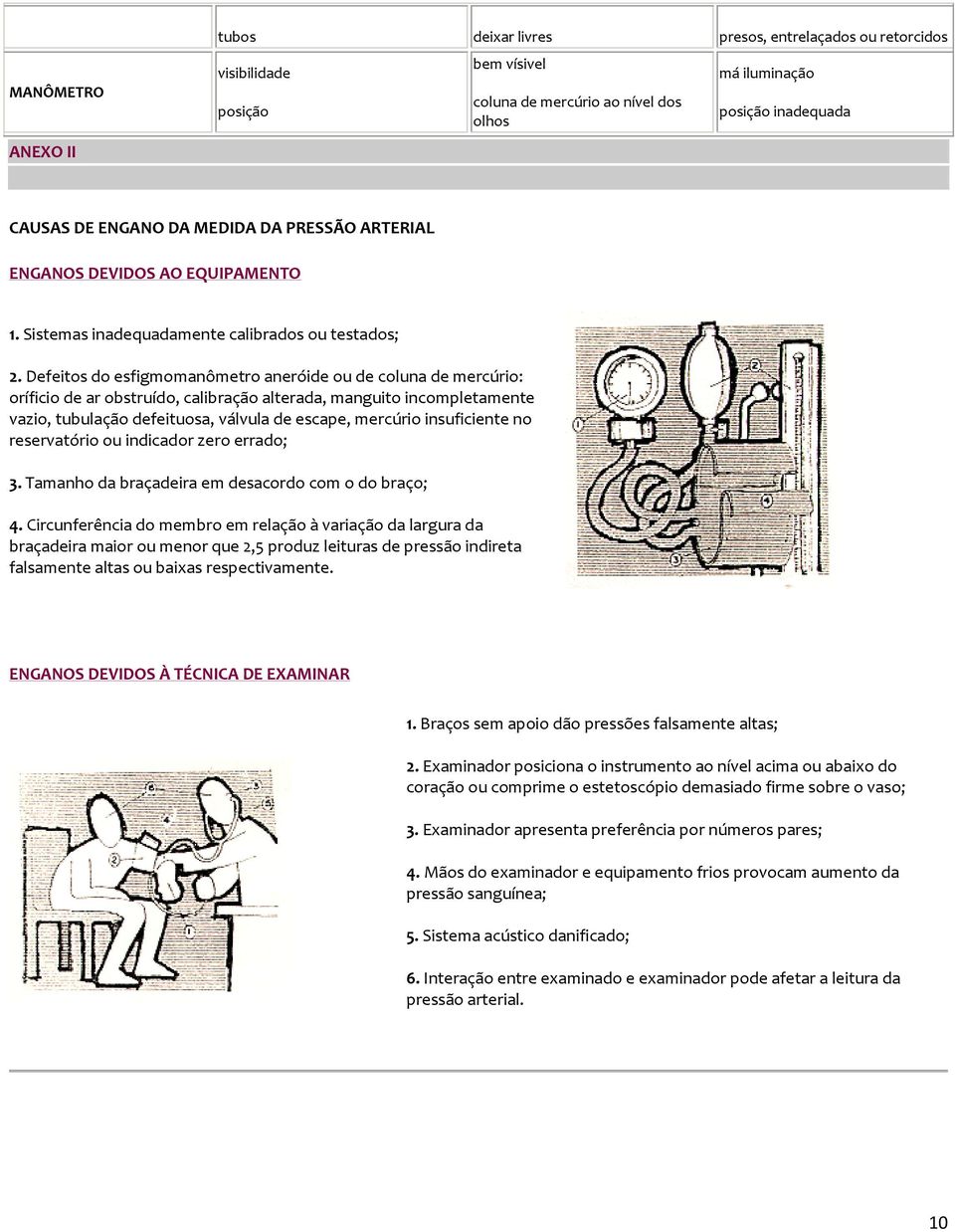 Defeitos do esfigmomanômetro aneróide ou de coluna de mercúrio: oríficio de ar obstruído, calibração alterada, manguito incompletamente vazio, tubulação defeituosa, válvula de escape, mercúrio