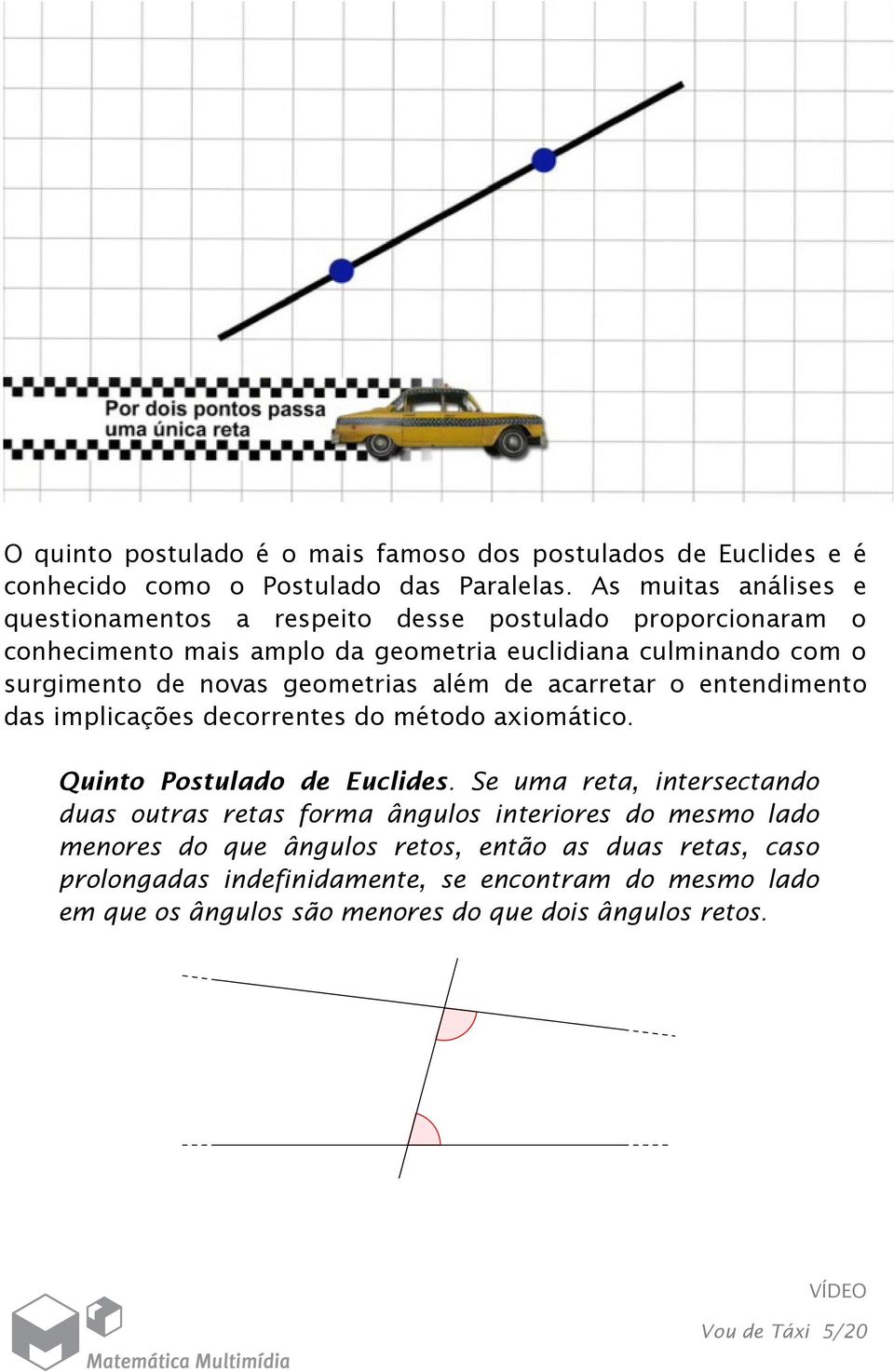 implicações decorrentes do método axiomático Quinto Postulado de Euclides Se uma reta, intersectando duas outras retas forma ângulos interiores do mesmo lado menores