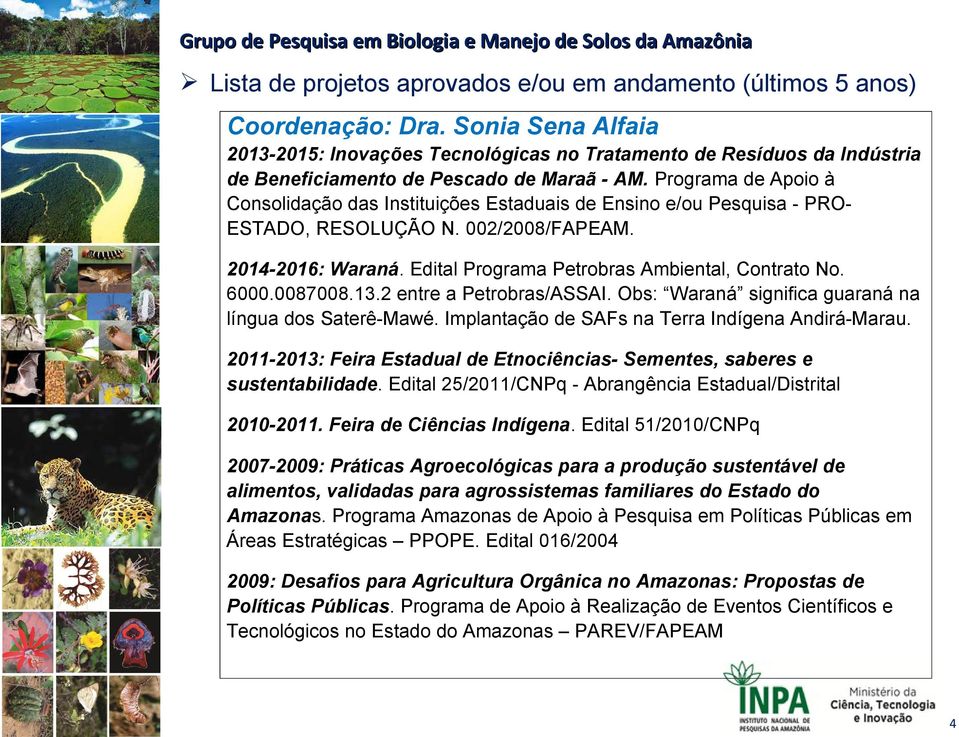 Programa de Apoio à Consolidação das Instituições Estaduais de Ensino e/ou Pesquisa - PRO- ESTADO, RESOLUÇÃO N. 002/2008/FAPEAM. 2014-2016: Waraná. Edital Programa Petrobras Ambiental, Contrato No.