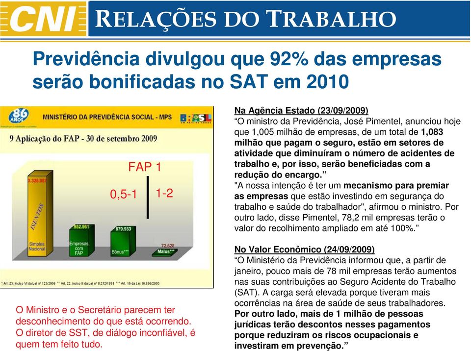 Na Agência Estado (23/09/2009) O ministro da Previdência, José Pimentel, anunciou hoje que 1,005 milhão de empresas, de um total de 1,083 milhão que pagam o seguro, estão em setores de atividade que