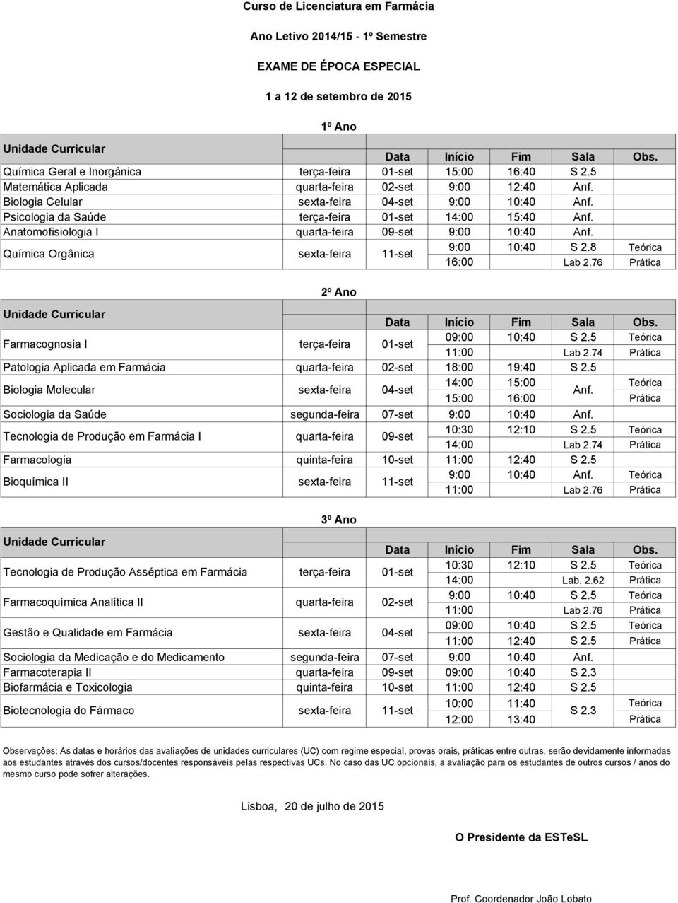 74 Prática Patologia Aplicada em Farmácia quarta-feira 02-set 18:00 19:40 S 2.5 14:00 15:00 Teórica Biologia Molecular sexta-feira 04-set Anf.