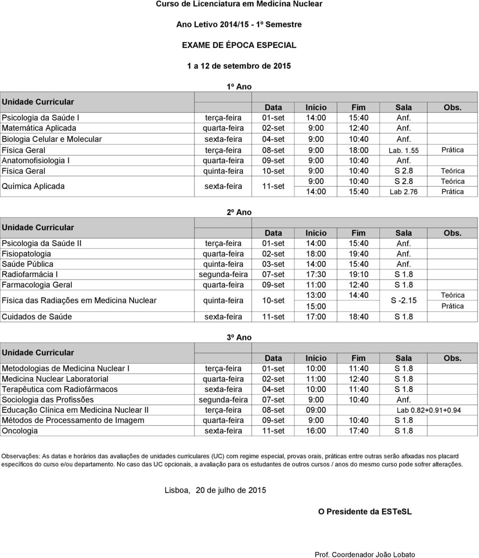 Radiofarmácia I segunda-feira 07-set 17:30 19:10 S 1.8 Farmacologia Geral quarta-feira 09-set 11:00 12:40 S 1.8 Física das Radiações em Medicina Nuclear quinta-feira 10-set 13:00 14:40 Teórica S -2.