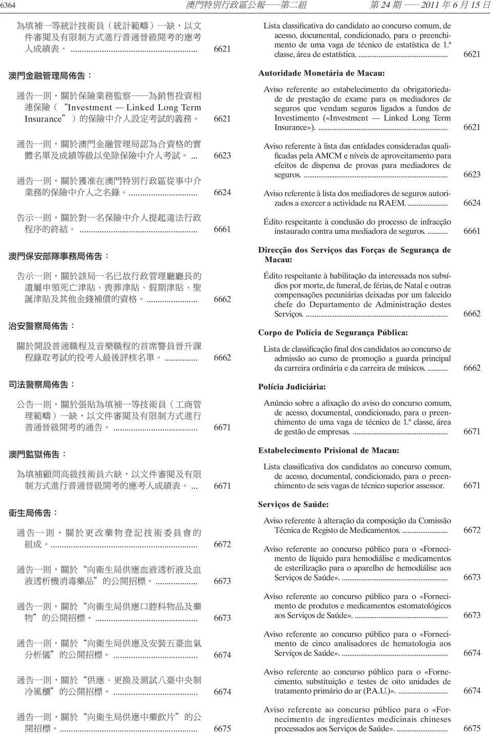 ... 6621 Autoridade Monetária de Macau: Aviso referente ao estabelecimento da obrigatoriedade de prestação de exame para os mediadores de seguros que vendam seguros ligados a fundos de Investimento