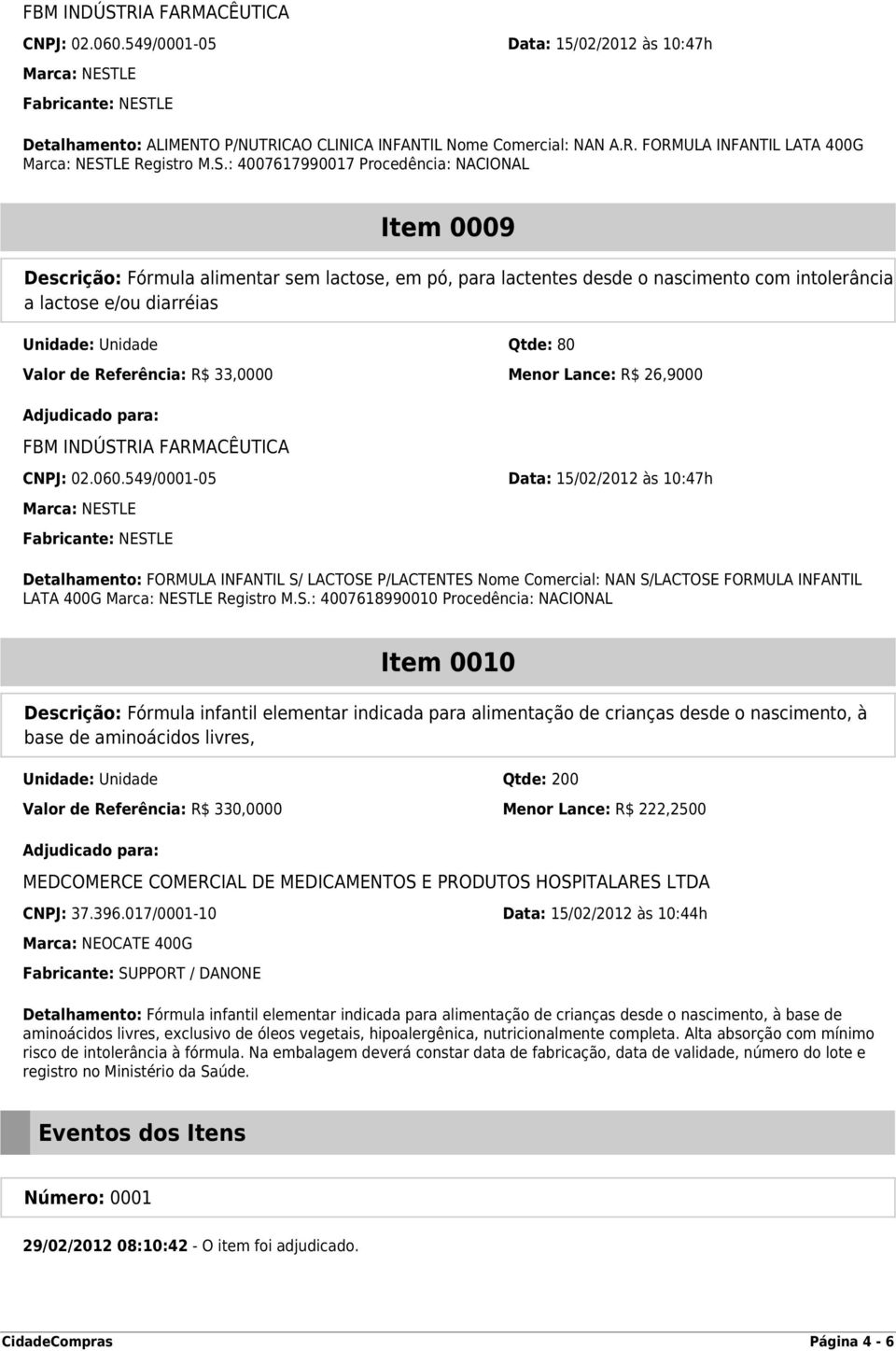 : 4007617990017 Procedência: NACIONAL Item 0009 Descrição: Fórmula alimentar sem lactose, em pó, para lactentes desde o nascimento com intolerância a lactose e/ou diarréias Unidade: Unidade Qtde: 80