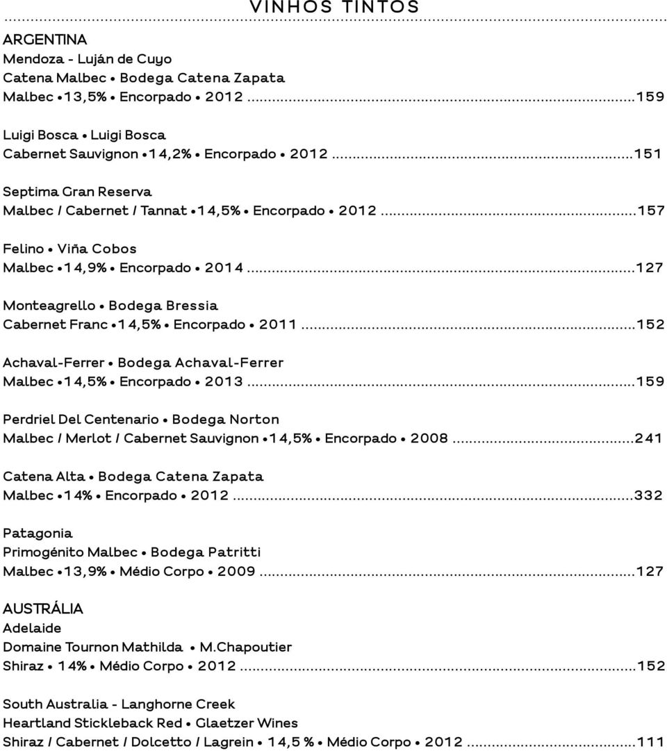 ..152 Achaval-Ferrer Bodega Achaval-Ferrer Malbec 14,5% Encorpado 2013...159 Perdriel Del Centenario Bodega Norton Malbec / Merlot / Cabernet Sauvignon 14,5% Encorpado 2008.