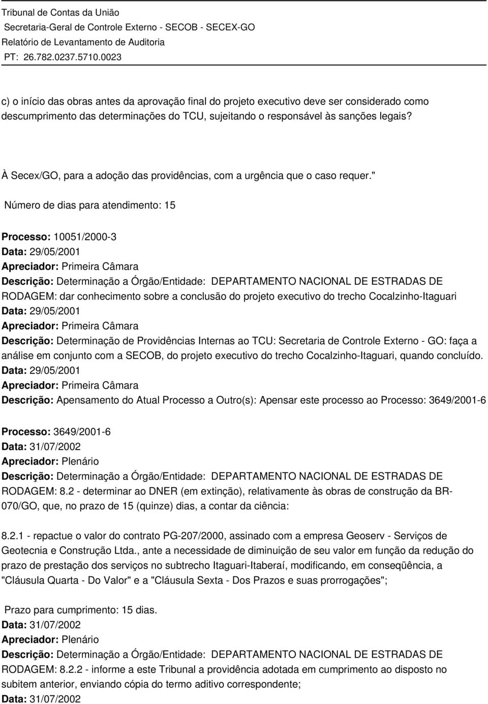 " Número de dias para atendimento: 15 Processo: 10051/2000-3 Data: 29/05/2001 Apreciador: Primeira Câmara Descrição: Determinação a Órgão/Entidade: DEPARTAMENTO NACIONAL DE ESTRADAS DE RODAGEM: dar