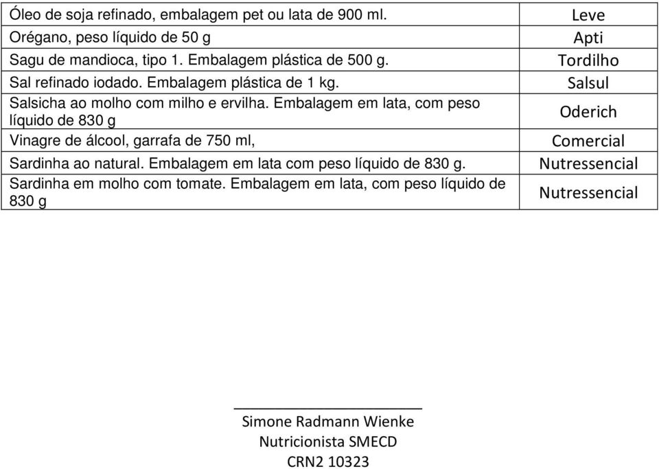 Embalagem em lata, com peso líquido de 830 g Vinagre de álcool, garrafa de 750 ml, Sardinha ao natural.