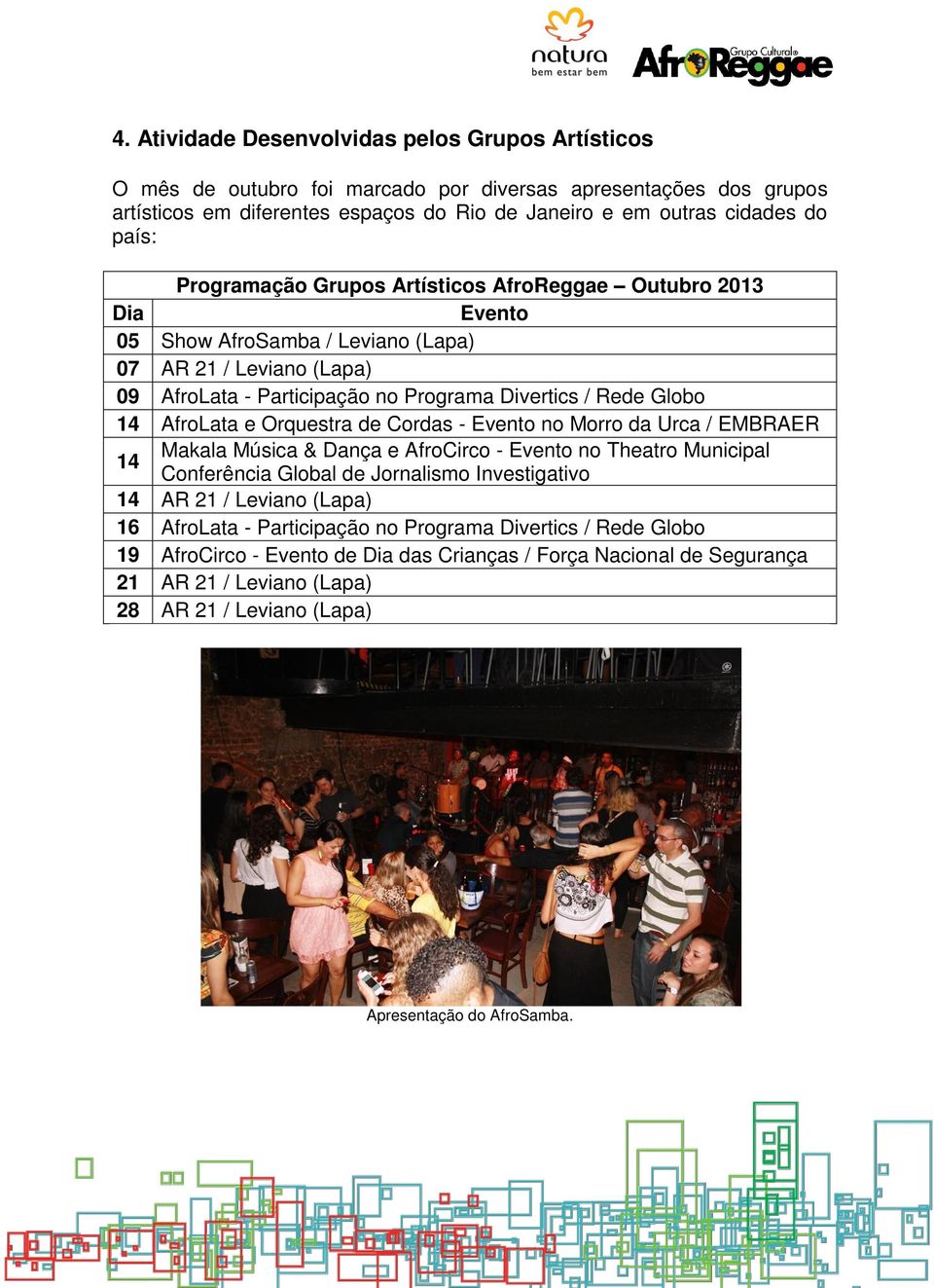 e Orquestra de Cordas - Evento no Morro da Urca / EMBRAER 14 Makala Música & Dança e AfroCirco - Evento no Theatro Municipal Conferência Global de Jornalismo Investigativo 14 AR 21 / Leviano (Lapa)