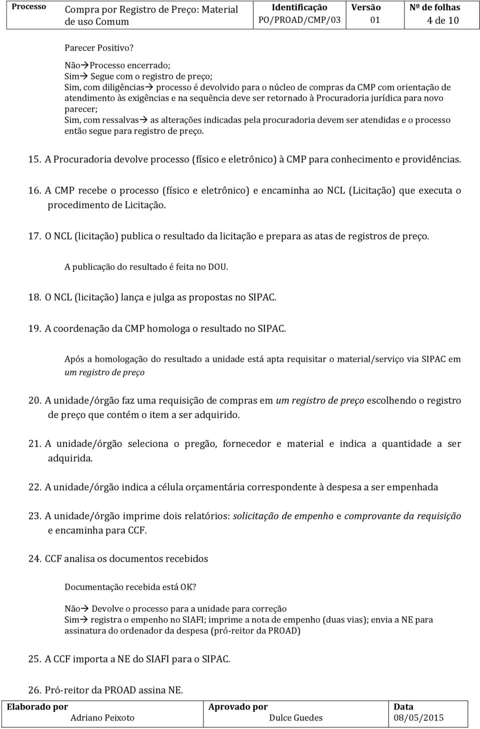 ser retornado à Procuradoria jurídica para novo parecer; Sim, com ressalvas as alterações indicadas pela procuradoria devem ser atendidas e o processo então segue para registro de preço. 15.