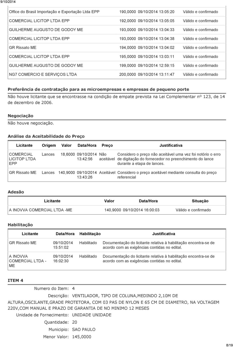 pequeno porte Não houve licitante que se encontrasse na condição de empate prevista na Lei Complementar nº 123, de 14 de dezembro de 2006. Negociação Não houve negociação.