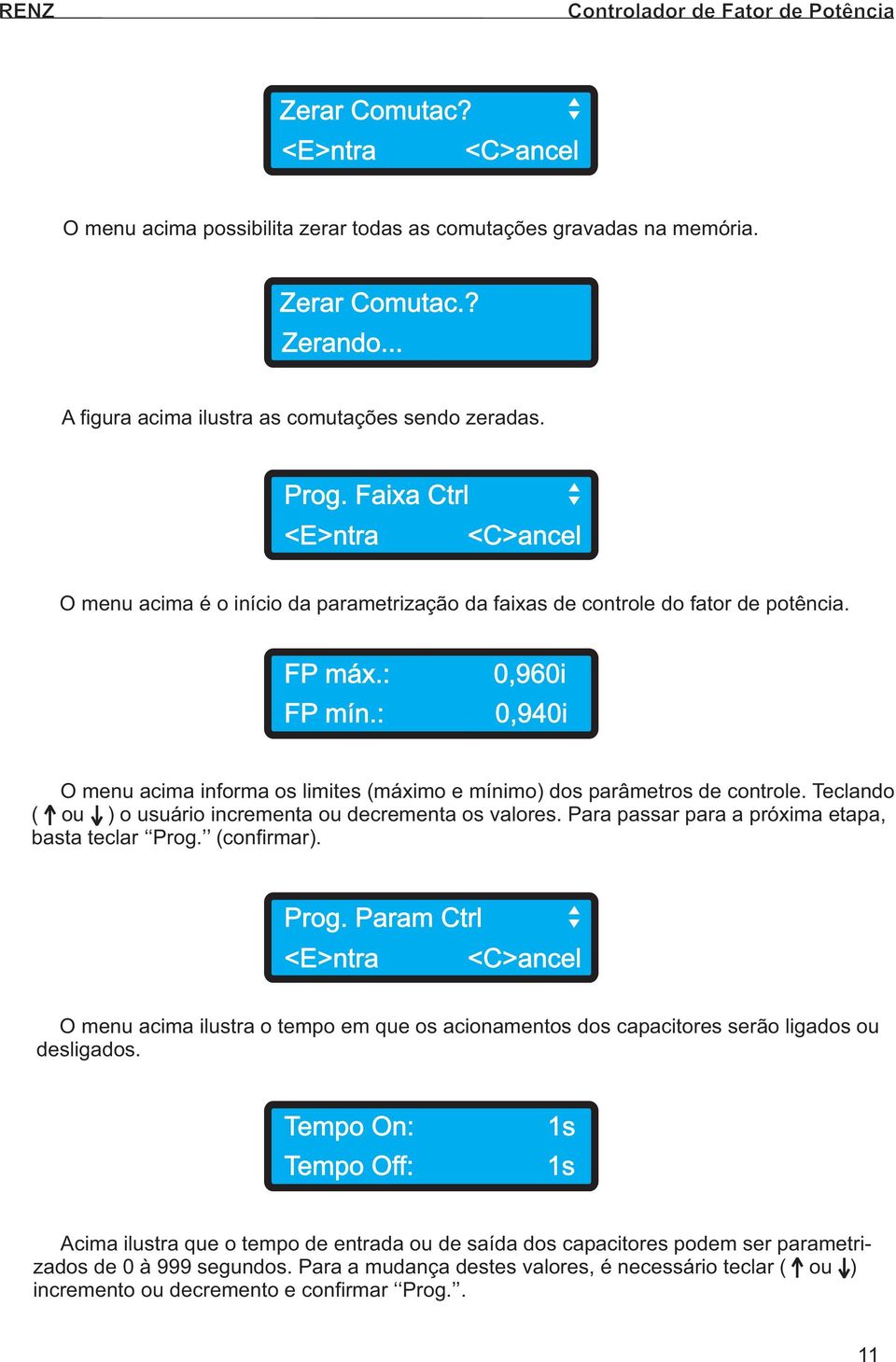 : 0,940i O menu acima informa os limites (máximo e mínimo) dos parâmetros de controle. Teclando ( ou ) o usuário incrementa ou decrementa os valores.