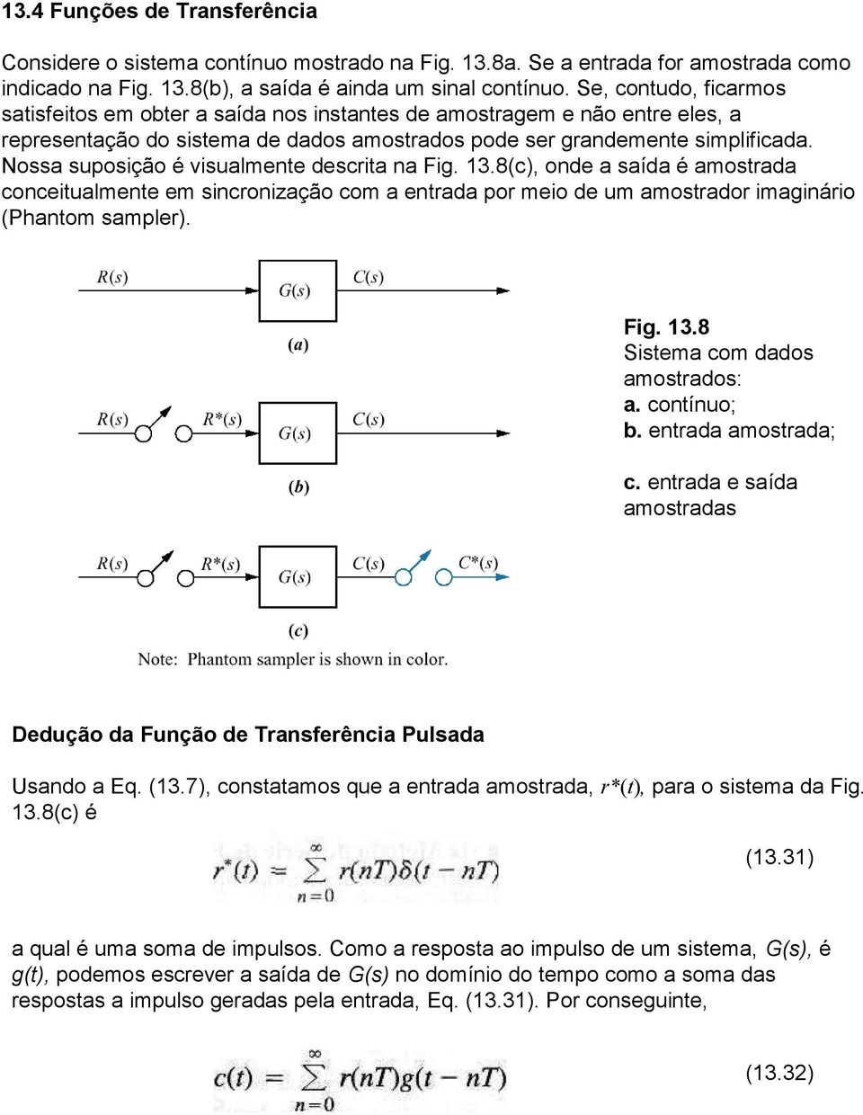 Nossa suposição é visualmente descrita na Fig. 13.8(c), onde a saída é amostrada conceitualmente em sincronização com a entrada por meio de um amostrador imaginário (Phantom sampler). Fig. 13.8 Sistema com dados amostrados: a.